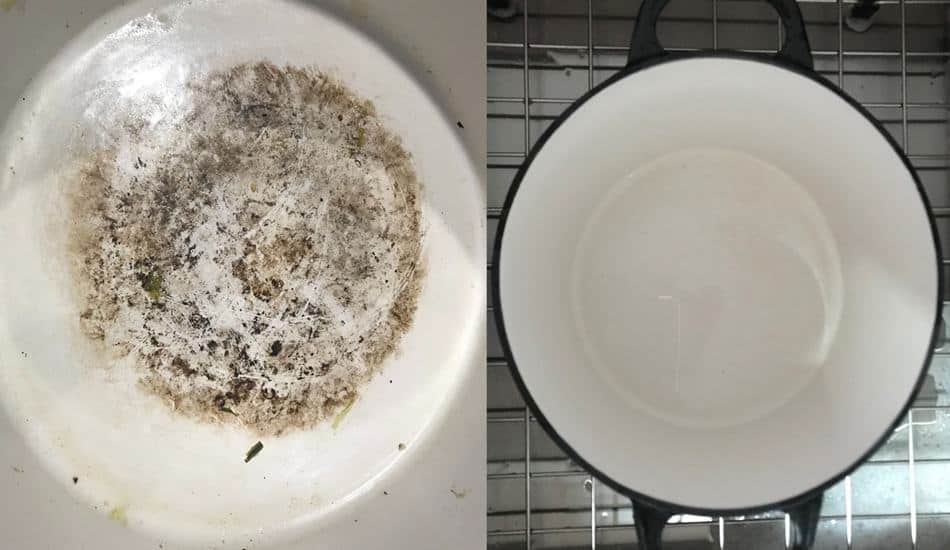 How to Clean an Enamel Dutch Oven before and after images