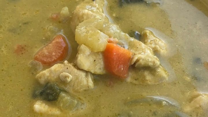 Dutch oven chicken detox soup recipe card image