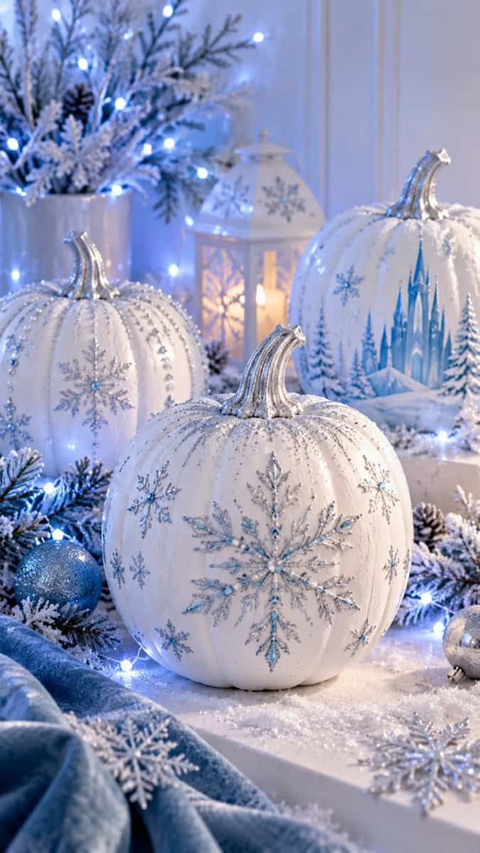 frozen inspired Frosty white pumpkins decorated with silver snowflakes and icy details, styled with cool blue LED lights and winter greenery