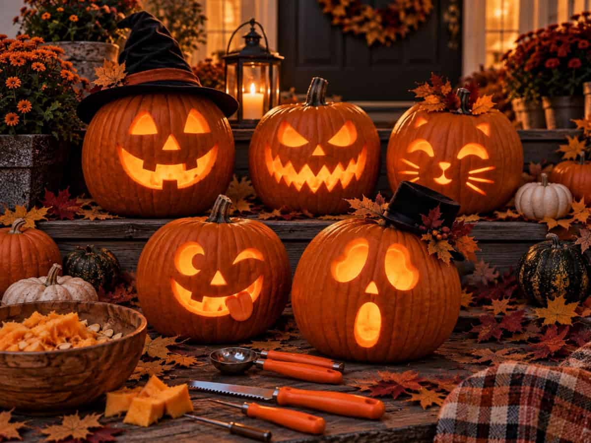 Glowing carved Halloween pumpkins with playful faces, autumn leaves, lanterns, and carving tools on a cozy fall porch.