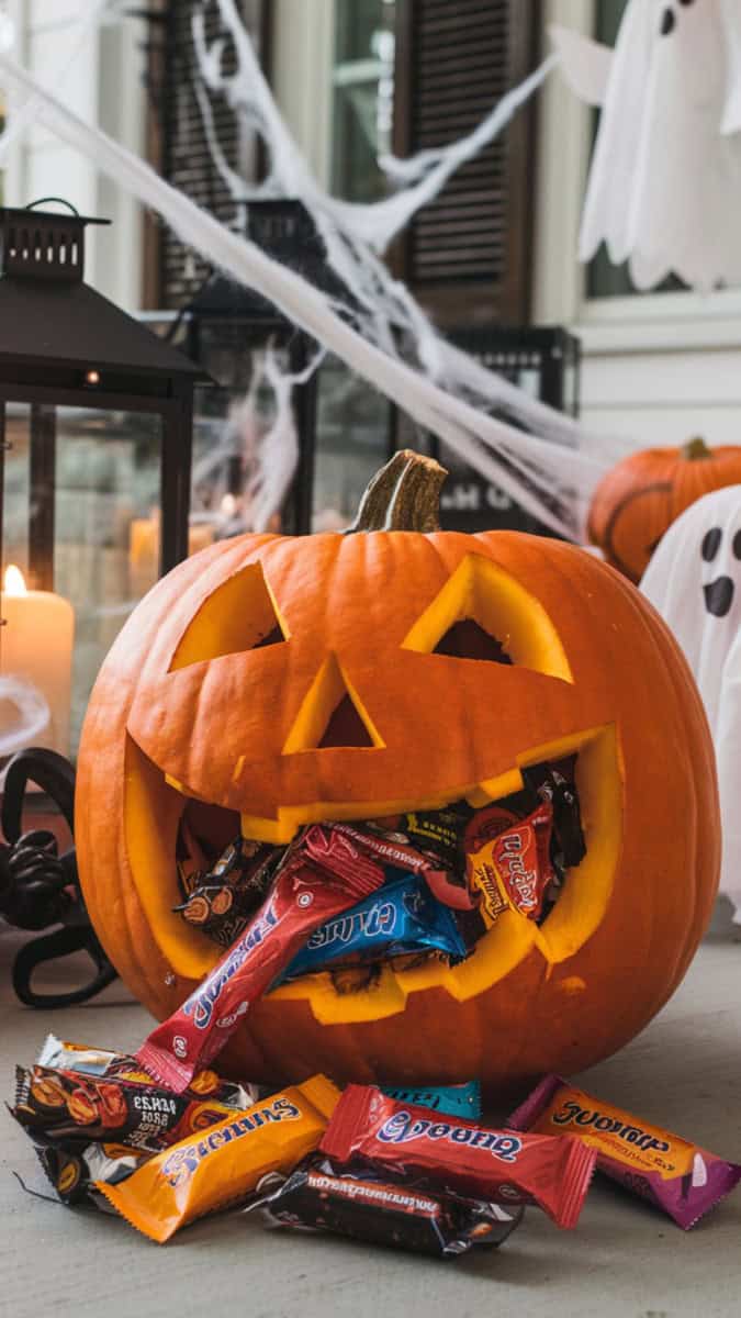 A carved pumpkin with a wide open mouth, filled with wrapped Halloween candy spilling out. Displayed on a front porch with spider webs, lanterns, and playful ghost decorations.