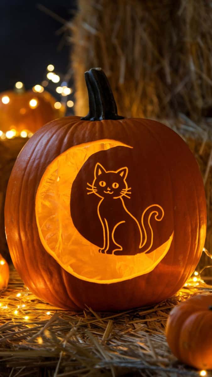A pumpkin carved with a black cat sitting on a crescent moon, glowing from within. Surrounded by hay bales, mini pumpkins, and twinkling fairy lights for a cozy Halloween scene.
