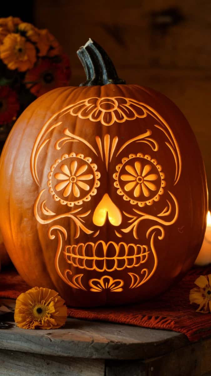 A carved pumpkin in sugar skull style, painted in bright colors with floral and swirl details. Surrounded by marigolds, candles, and festive Día de los Muertos décor.