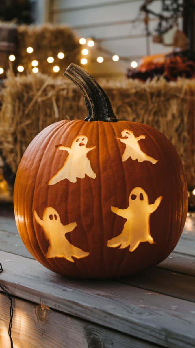 A pumpkin carved with ghost silhouettes floating across its surface, glowing with flickering light inside. Styled on a wooden porch with string lights, hay bales, and cozy Halloween decorations.