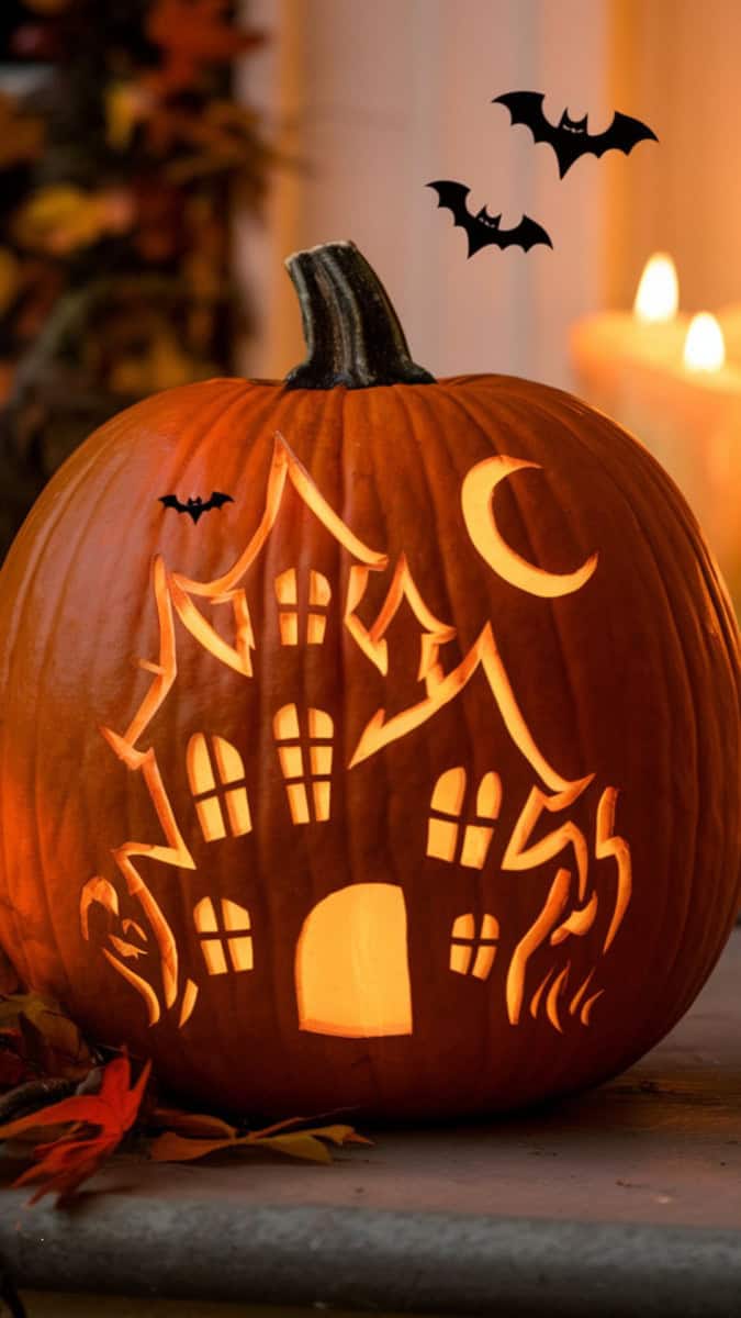 A carved pumpkin glowing with a haunted house silhouette, tiny bats flying above, and a crescent moon cutout. Warm amber light glows inside, styled on a porch with autumn leaves and candles.