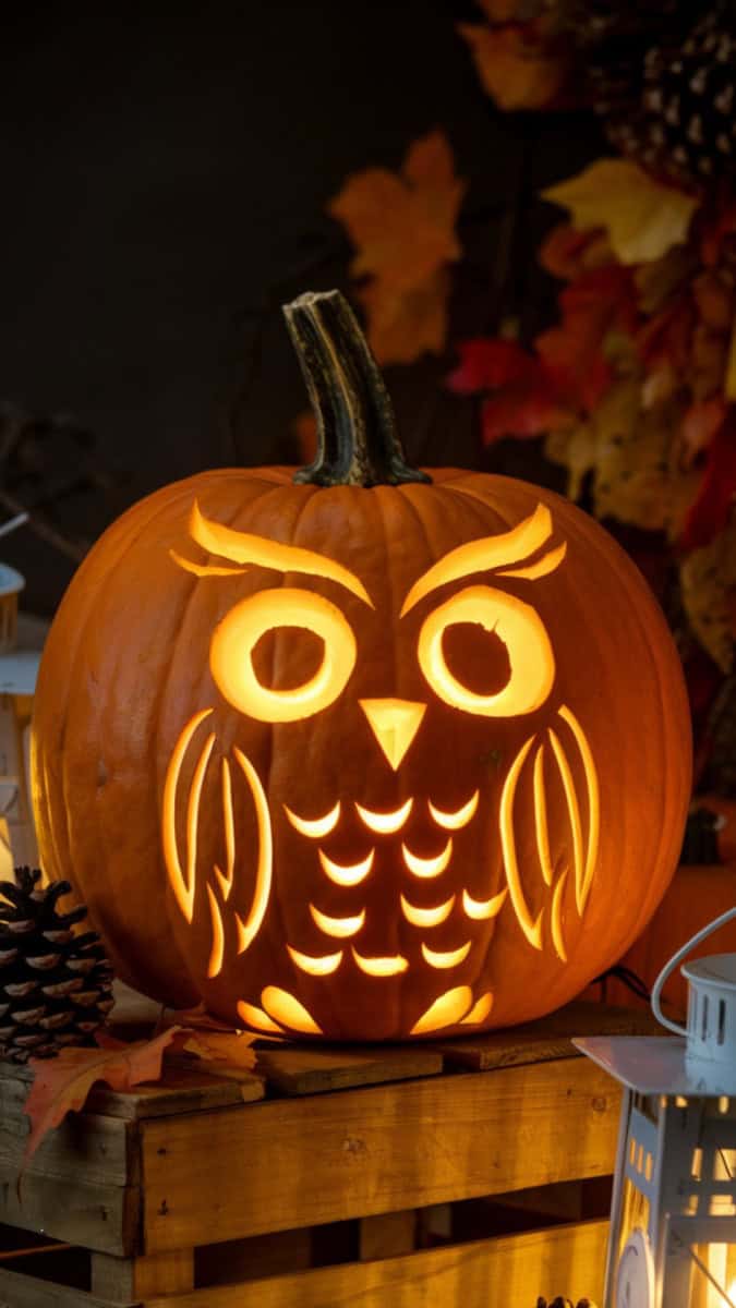 A glowing pumpkin carved with big round owl eyes and feather patterns. Displayed on a wooden crate with pinecones, autumn leaves, and cozy lanterns nearby