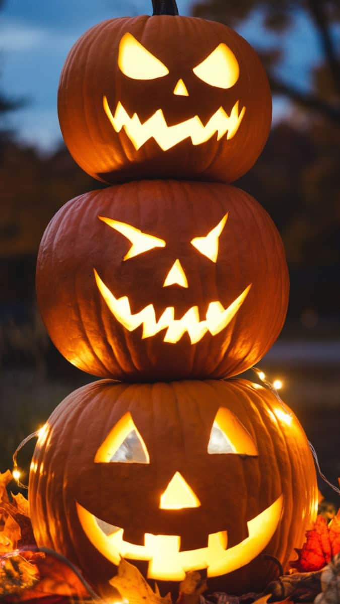 Three pumpkins stacked on top of each other, each carved with a different face happy, spooky, scary. Glowing warmly in the evening with string lights and autumn leaves around the base.