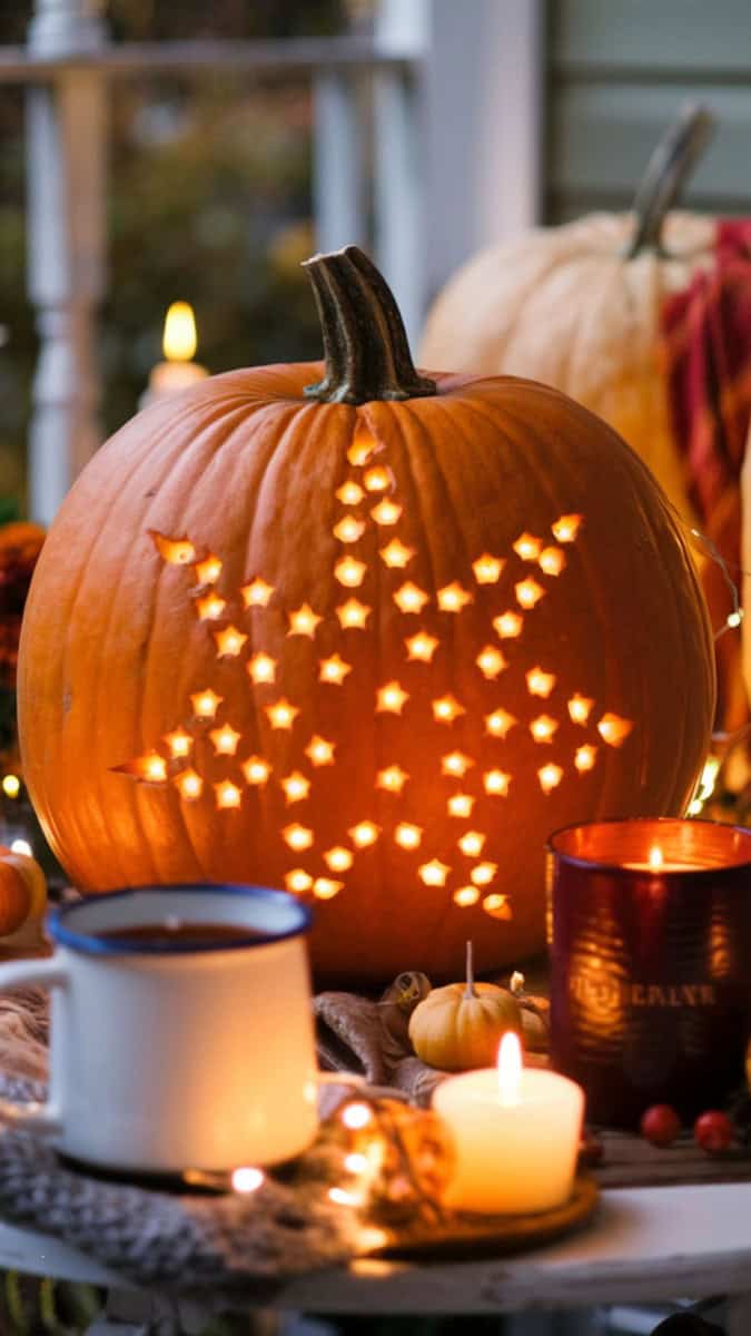 A pumpkin carved with dozens of small holes in a starry pattern, glowing with fairy lights inside. Placed on a porch table surrounded by mugs of cider, candles, and cozy fall décor.