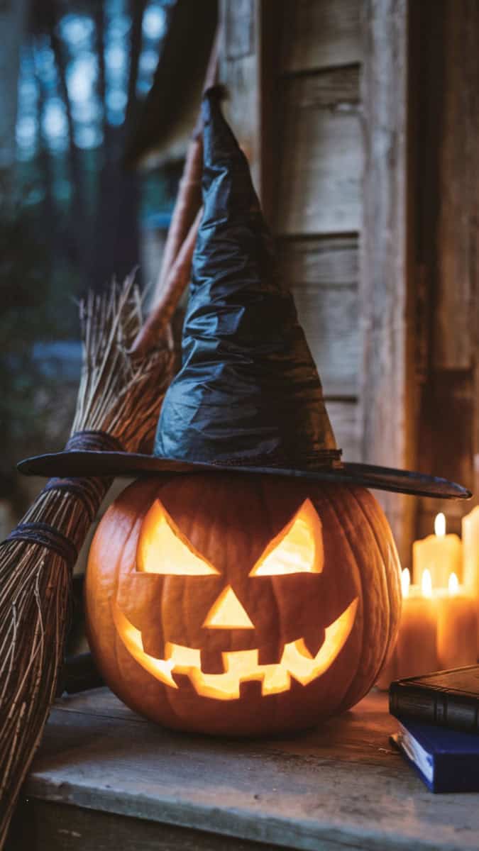 A carved pumpkin with a spooky face, topped with a tall black witch’s hat. Styled with broomsticks, spell books, and flickering candles on a rustic porch.
