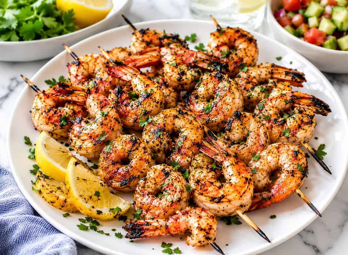 plate of grilled shrimp skewers lemon wedges and summer salad