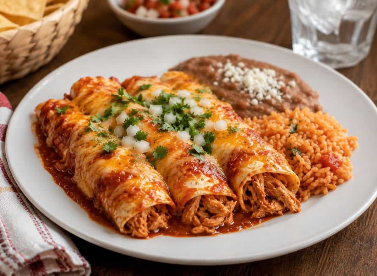 chicken enchiladas white plate corn chips and salsa