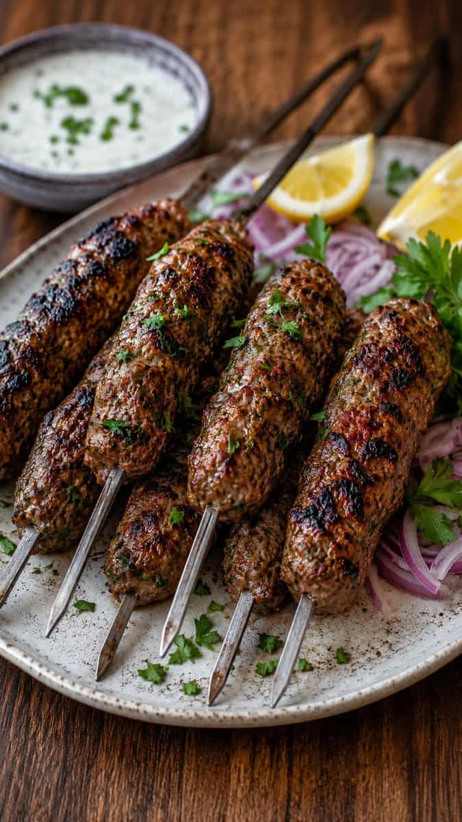 lamb kofta on metal skewers lemon wedges and dipping sauce