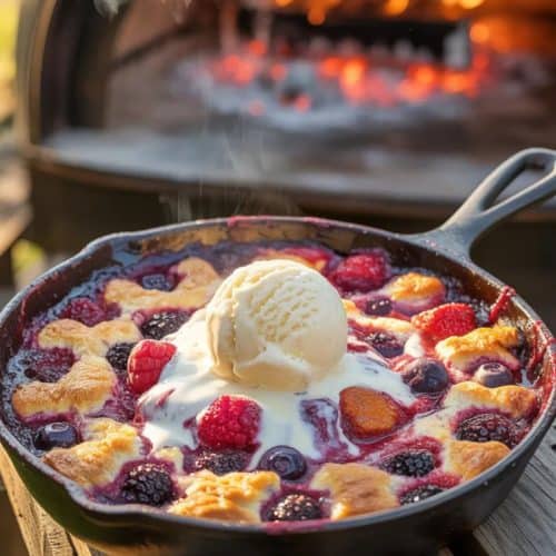 Cast iron skillet berry cobbler baked in a pizza oven, bubbling with mixed berries and topped with vanilla ice cream.