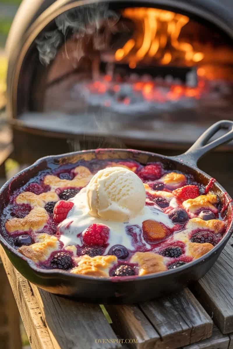 Cast iron skillet berry cobbler baked in a pizza oven, bubbling with mixed berries and topped with vanilla ice cream.