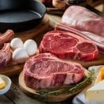 A rustic wooden table with a spread of carnivore diet foods. There is a ribeye steak, lamb chops, pork belly, chicken eggs, wedges of cheddar and brie cheese, and a small dish of butter. There is a cast iron pan and a cutting board for styling. The background is blurred. The lighting is warm and natural.