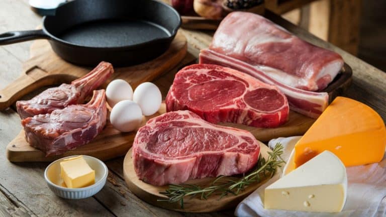 A rustic wooden table with a spread of carnivore diet foods. There is a ribeye steak, lamb chops, pork belly, chicken eggs, wedges of cheddar and brie cheese, and a small dish of butter. There is a cast iron pan and a cutting board for styling. The background is blurred. The lighting is warm and natural.