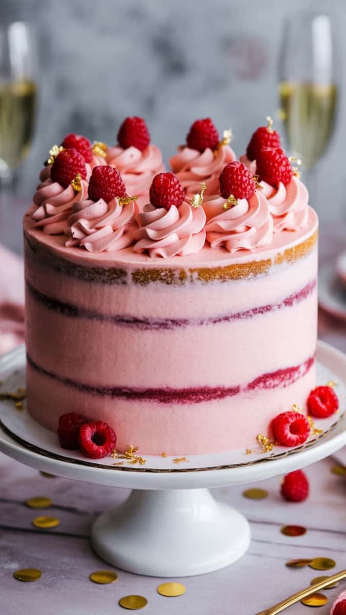 A tall layered vanilla sponge cake covered in smooth raspberry cream cheese frosting with a soft pink hue. The sides are decorated with a semi-naked finish, and the top is swirled with extra frosting, fresh raspberries, and edible gold flakes. Styled on a white pedestal cake stand with golden confetti and champagne glasses in the background.