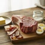 A rustic wooden kitchen table with raw ribeye steak, crispy bacon, hard-boiled eggs, a jar of sea salt, and a pat of butter on a ceramic plate. Natural daylight coming from the left side. Minimal background clutter, styled with a simple beige linen napkin.