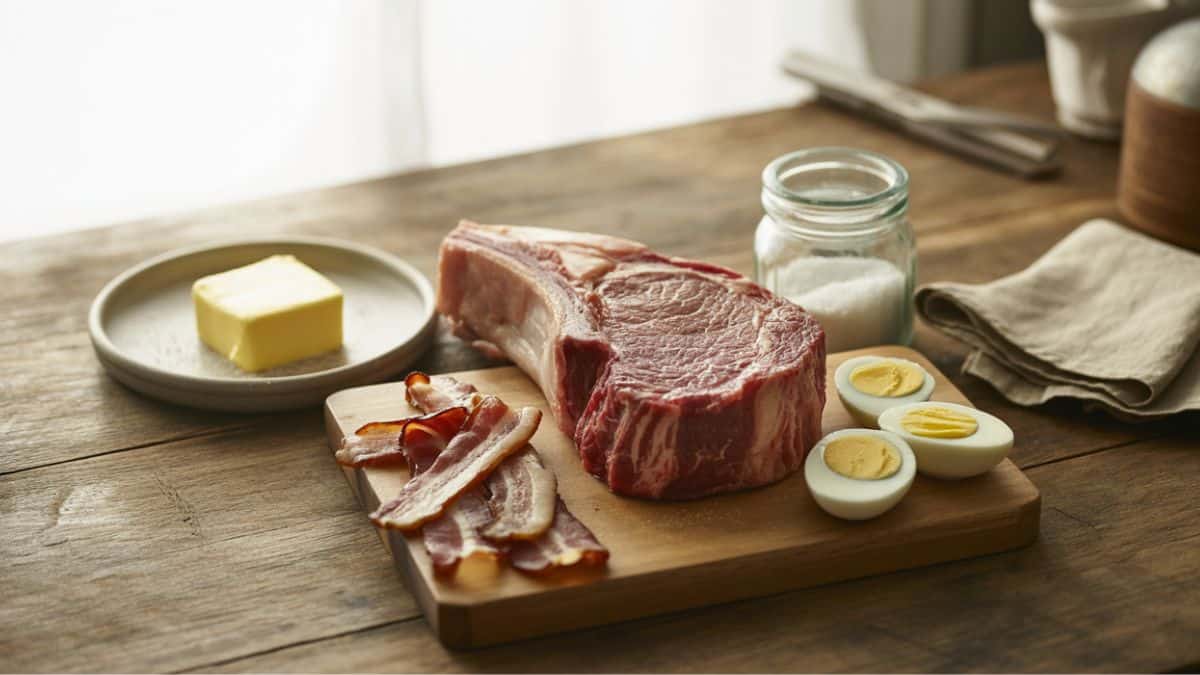 A rustic wooden kitchen table with raw ribeye steak, crispy bacon, hard-boiled eggs, a jar of sea salt, and a pat of butter on a ceramic plate. Natural daylight coming from the left side. Minimal background clutter, styled with a simple beige linen napkin.