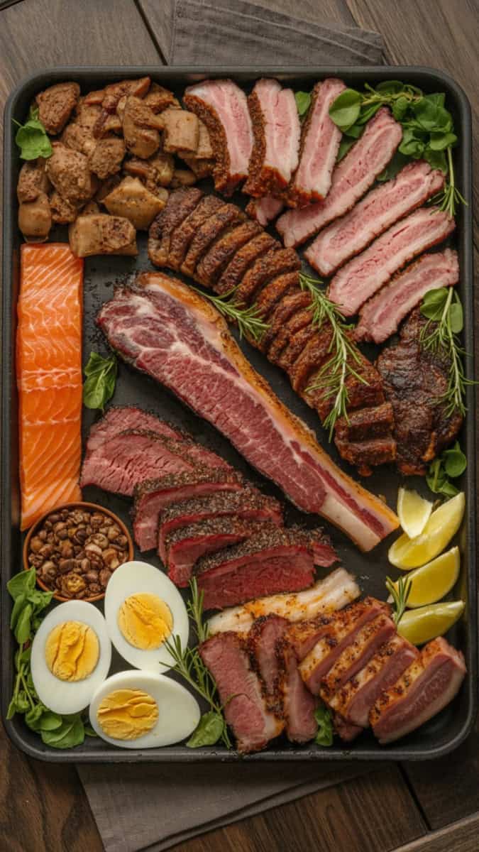 A full carnivore platter with brisket, pork belly, short ribs, eggs, and salmon arranged beautifully. Emphasis on color, fat texture, and rustic wood table.