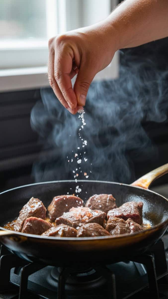 Close-up of a hand sprinkling pink Himalayan salt over sizzling beef in a cast iron pan, steam rising. Light from a window in the background.