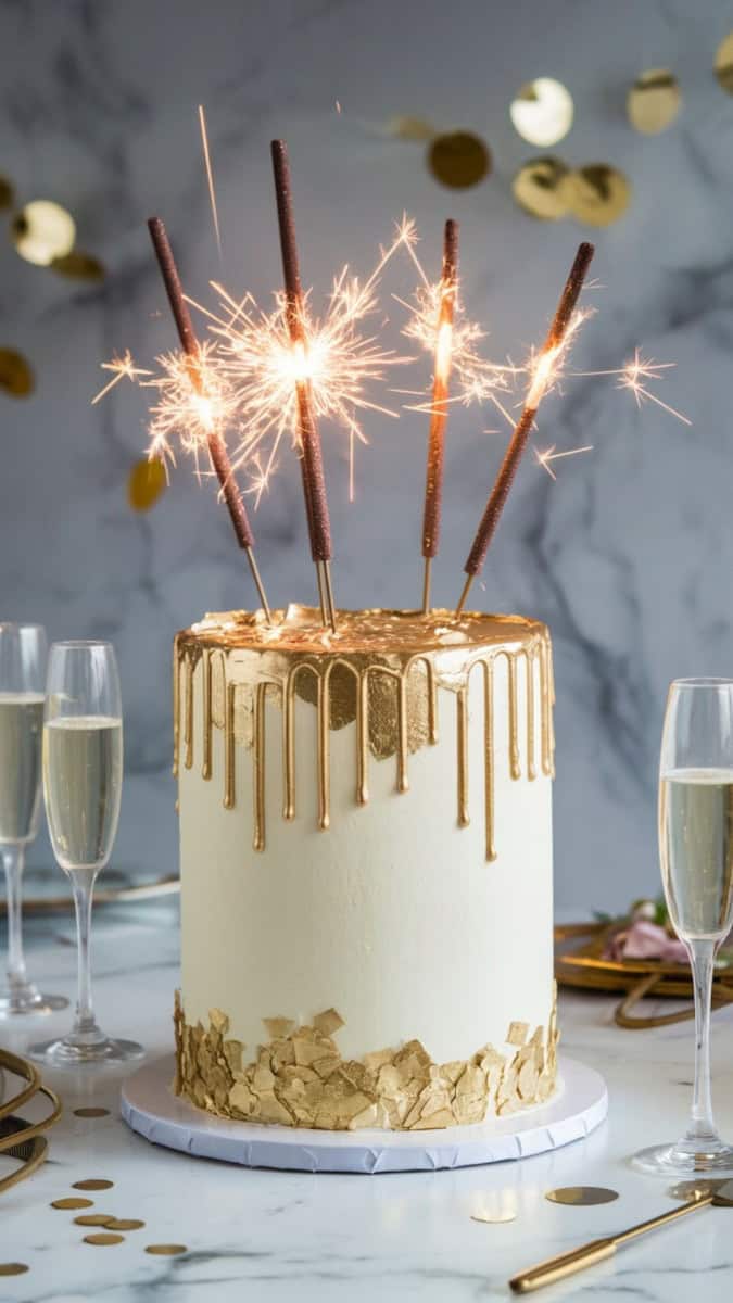 A tall, round white cake with edible gold leaf accents and a metallic gold drip down the sides. The cake is topped with sparklers. The cake is placed on a modern white marble table. There are champagne glasses and gold confetti in the background.