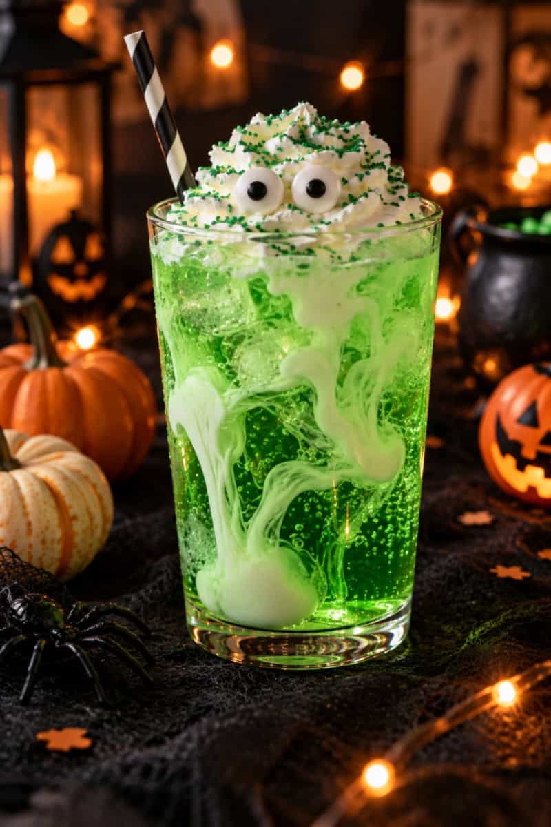 Glowing green fizzy Halloween drink with creamy swirls, whipped cream, candy eyes, and green sprinkles, styled with pumpkins and warm string lights
