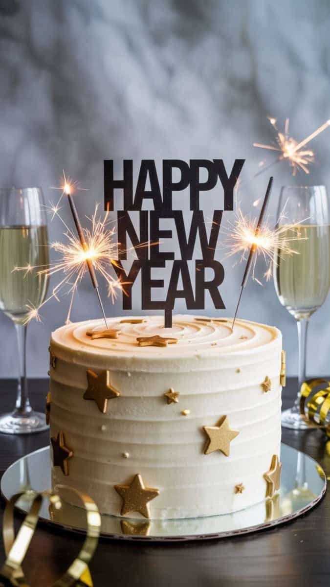 A round cake frosted in smooth white buttercream, topped with a black glitter “Happy New Year” topper, gold star sprinkles, and small sparklers lit for effect. Styled on a mirrored tray with champagne glasses and streamers around.