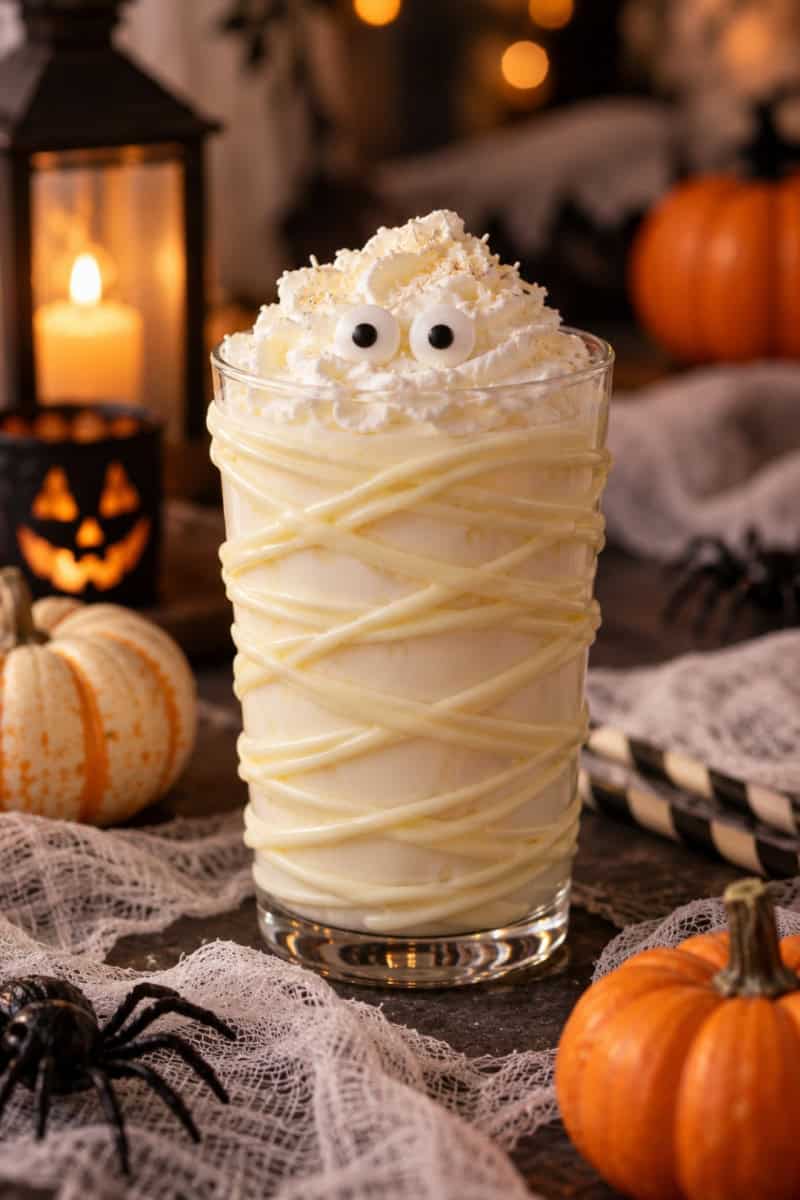 Creamy white Halloween milk punch decorated with white chocolate mummy bandages, whipped cream, and candy eyes, surrounded by pumpkins and gauze.