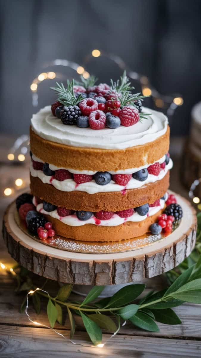 A semi-naked sponge cake with layers of whipped cream and seasonal berries (raspberries, blueberries, blackberries). Topped with a light dusting of powdered sugar and a few gold accents. Displayed on a rustic wood cake stand with fairy lights and greenery.