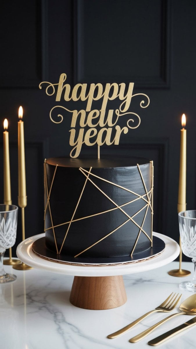 A round cake covered in sleek black fondant, decorated with modern gold geometric lines and a glitter “Happy New Year” topper. Styled on a white pedestal with gold cutlery, candles, and crystal glasses around it.
