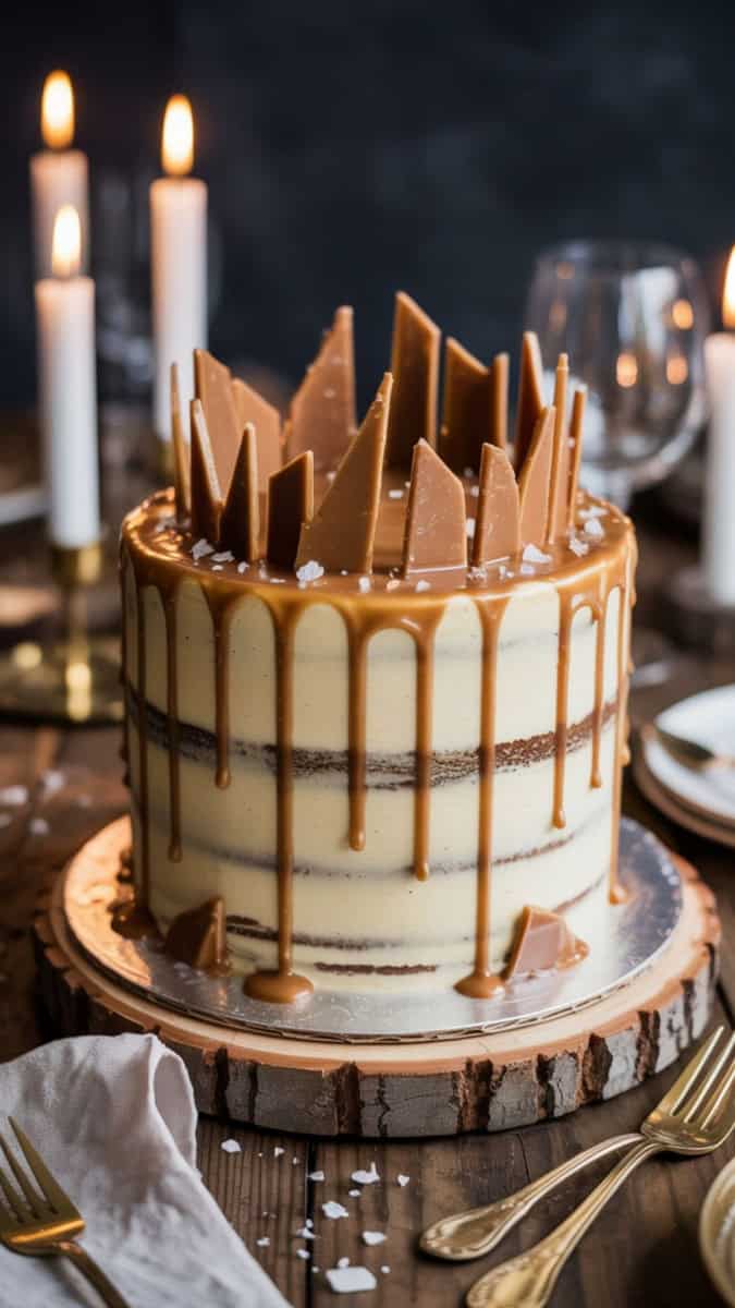 A tall caramel mud cake with smooth caramel glaze dripping dramatically down the sides. Decorated with shards of golden toffee and a sprinkle of flaky sea salt. Styled on a rustic wood table with gold flatware and flickering candles.