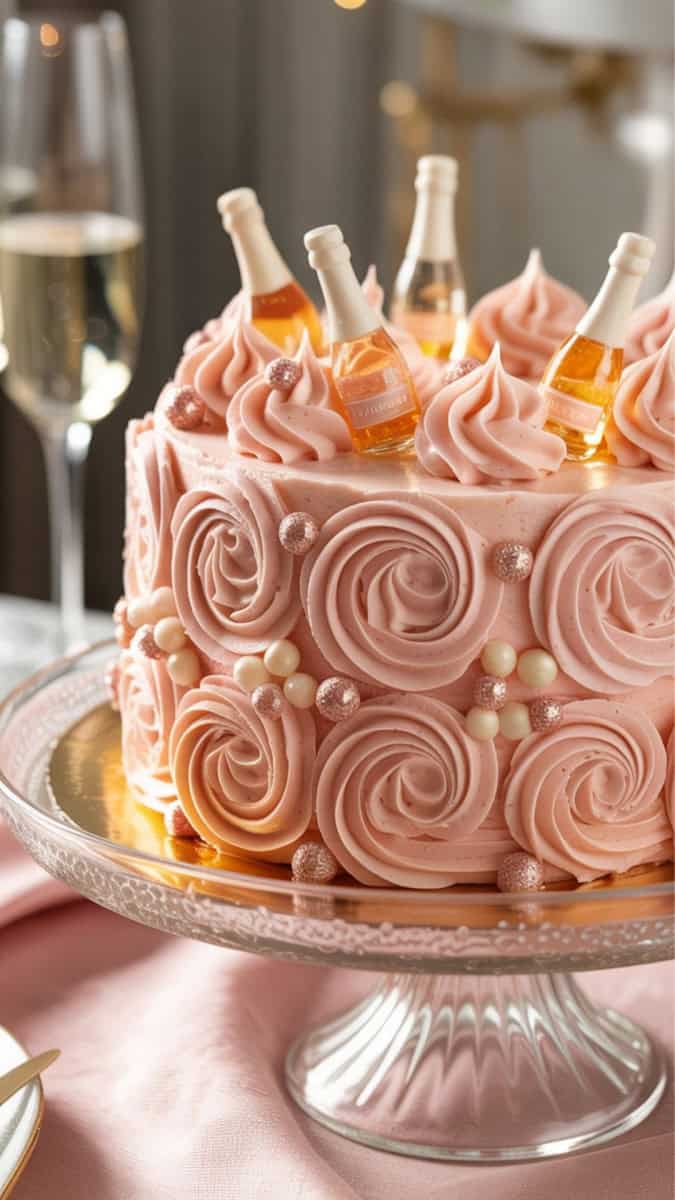 Elegant pink champagne sponge cake with buttercream swirls, topped with sugar bubbles and tiny edible champagne bottles. Styled on a glass cake stand with champagne flutes and soft golden lighting.