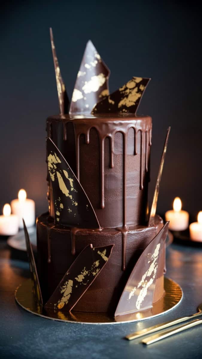 A tall dark chocolate layer cake covered in glossy ganache with dramatic drip down the sides. Decorated with edible gold leaf and jagged chocolate shards. Styled on a moody black background with flickering candles and gold cutlery.
