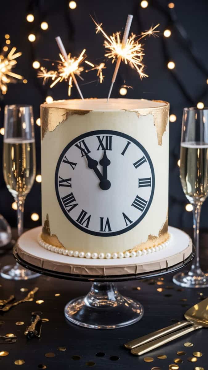 Tall round cake covered in smooth white fondant with a large black Roman numeral clock face on the top, hands pointing to 11:59. Gold accents on the edges, with small edible pearls circling the base. The cake sits on a sleek glass stand, surrounded by golden confetti, sparklers, and champagne flutes. Background is dark and festive with twinkling fairy lights for a midnight party vibe.