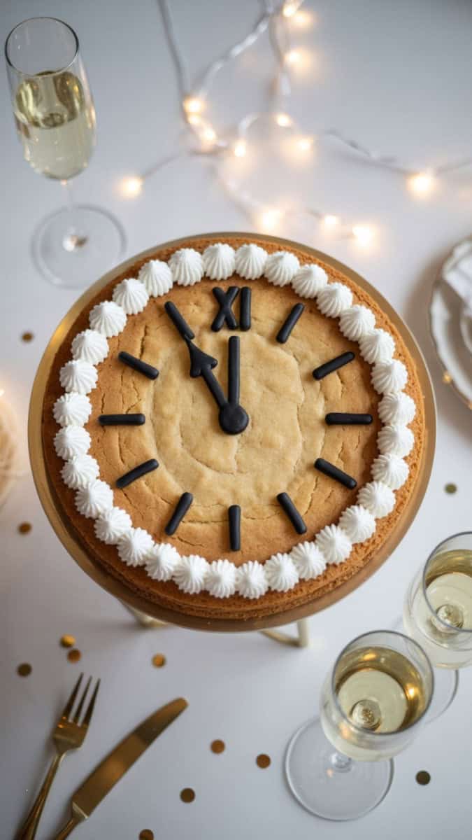 A giant round cookie cake on a simple white cake board. The cookie is golden brown with a neatly piped white buttercream border around the edge. 