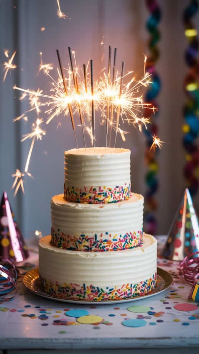 A tall layered funfetti cake with white buttercream frosting, rainbow sprinkles pressed into the sides, and sparklers on top. Displayed on a festive party table with colorful hats, streamers, and confetti.