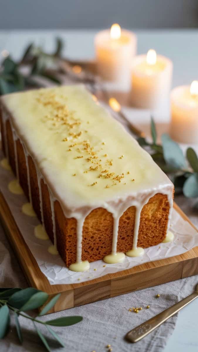 A rectangular loaf-style sponge cake topped with glossy lemon glaze, thin lemon slices, and gold sprinkles. Displayed on a rustic wood board with fresh greenery and glowing candles around it.