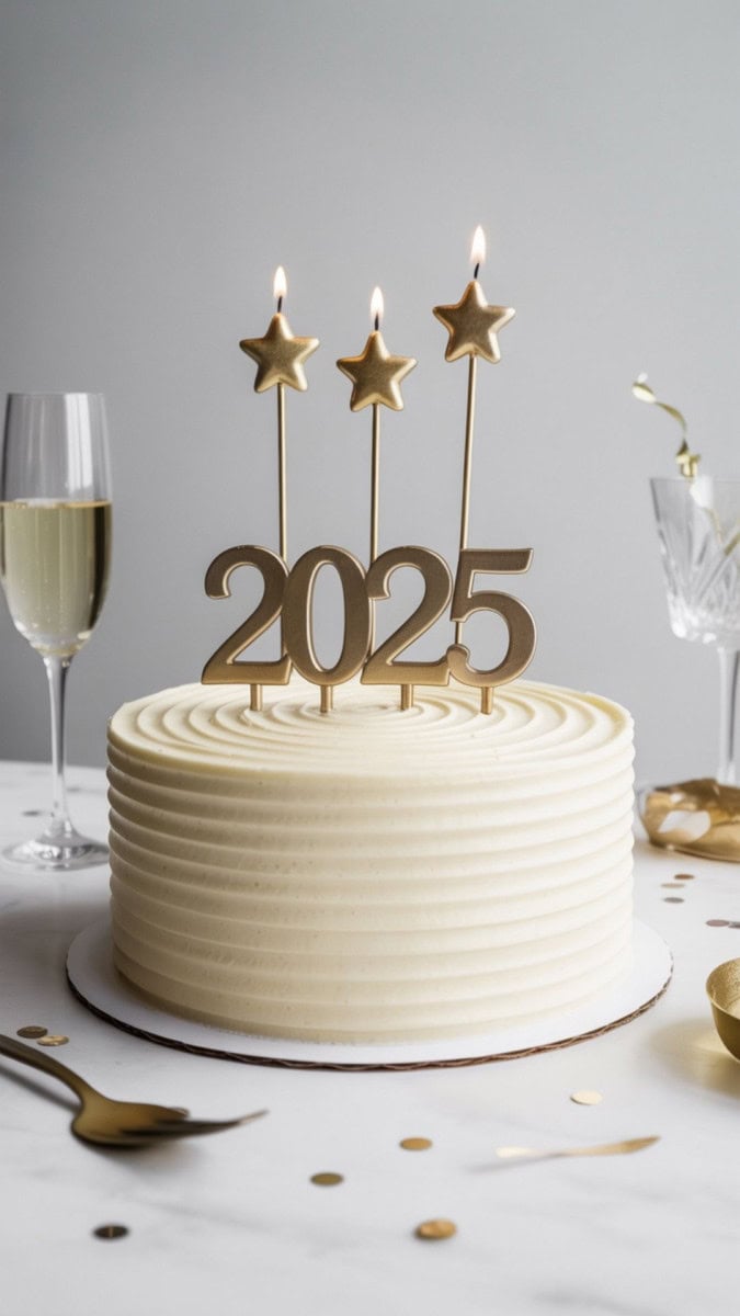 A round white buttercream cake with perfectly smooth sides and sharp edges, topped with a simple metallic “2025” topper and three slim gold star candles. Styled on a clean white table with minimal décor: just a few gold confetti pieces and a single champagne flute.