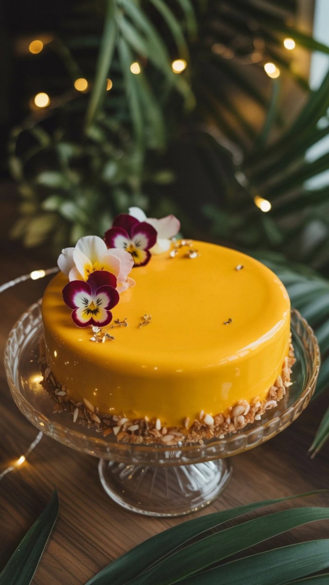 A glossy passion fruit mousse cake with a mirror-like glaze in bright golden yellow. Decorated with edible flowers and gold flakes, sitting on a glass cake stand. Styled with tropical greenery and twinkling fairy lights.