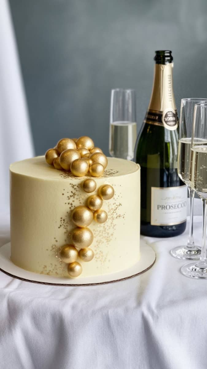 A round white cake with smooth frosting, decorated with cascading gold sugar bubbles down one side and topped with edible glitter. Styled next to a chilled bottle of Prosecco and champagne glasses.