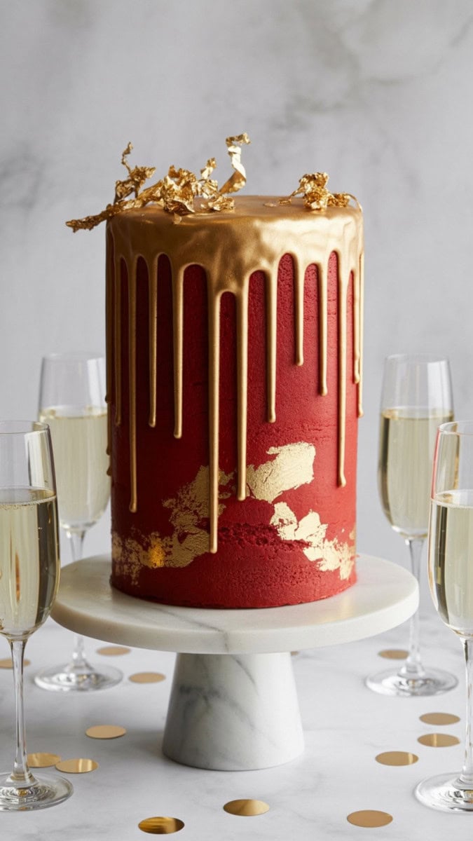 A tall red velvet cake with dramatic metallic gold drip icing and edible gold leaf. Styled on a white marble stand with champagne glasses, streamers, and golden confetti scattered around.