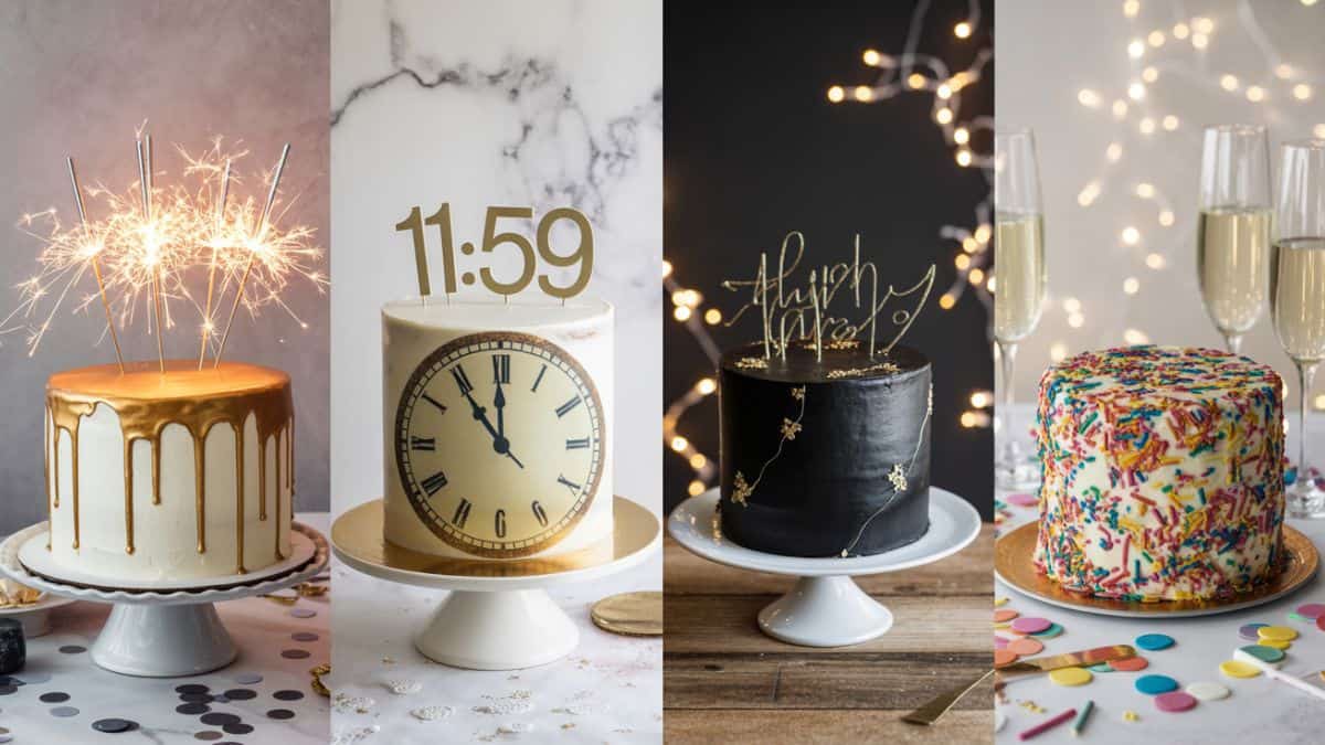 new years eve cakes: golden cake, new years clock cake, moody black happy new year cake, pretty sprinkles cake