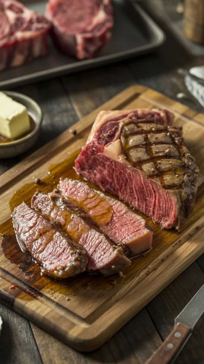 A juicy ribeye steak sliced on a wooden cutting board, with visible marbling and melted butter on top. A small bowl of beef tallow and a butter knife nearby.