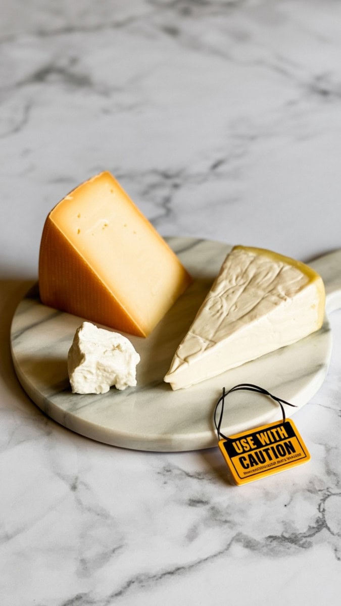 Wedge of cheese, heavy cream, and cream cheese on a marble board with a subtle “Use With Caution” tag styled nearby.