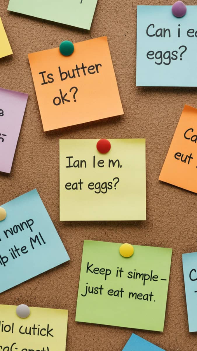 Messy bulletin board with notes “Is butter OK?” “Can I eat eggs?” and a sticky note that says “Keep it simple – just eat meat.”