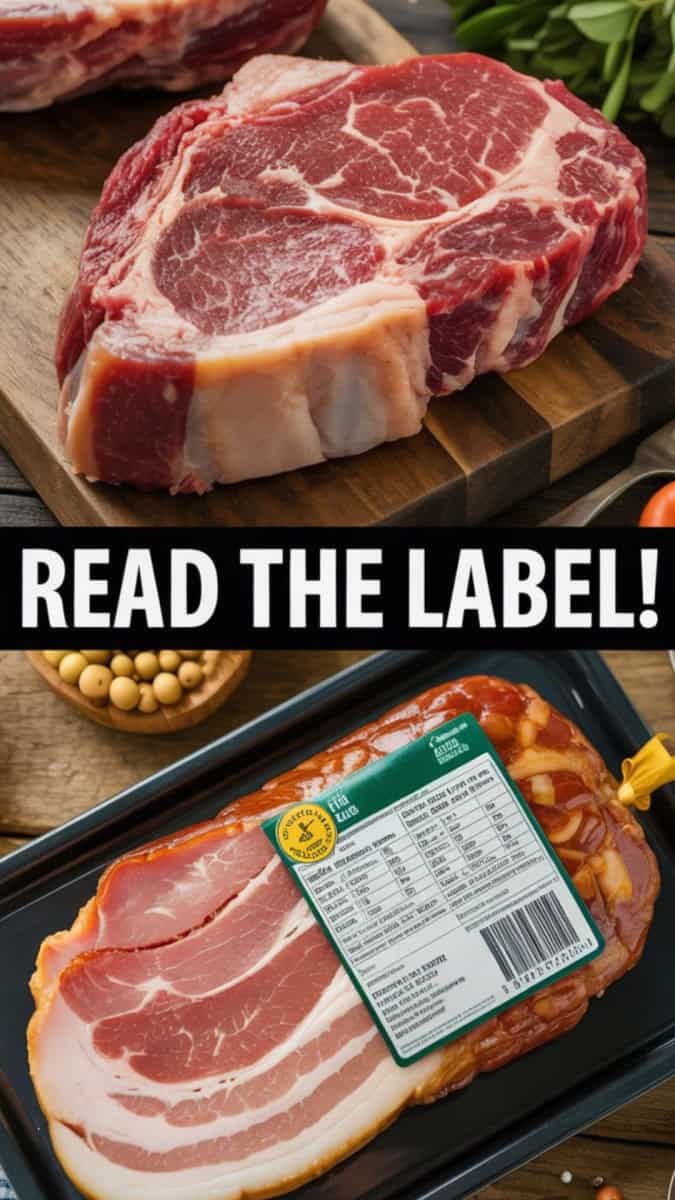 Comparison shot: clean ribeye steak vs. packaged deli ham or bacon with a label in focus showing additives. Text overlay: “Read the Label!”
