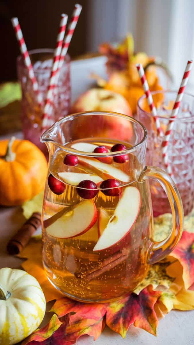A glass pitcher of golden sparkling apple cider sangria with apple slices, cranberries, and cinnamon sticks floating. Styled with autumn leaves, pumpkins, and cozy fall decor.