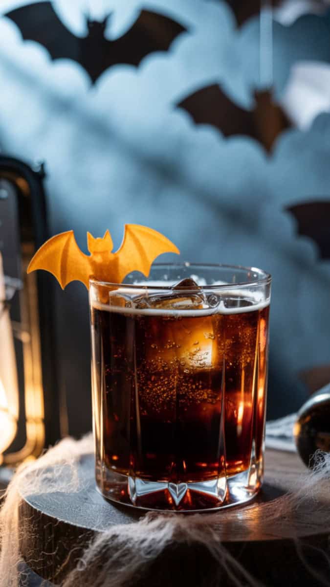 A dark cola cocktail in a short glass with a bat-shaped orange peel garnish. Background includes cobwebs, a gothic lantern, and hanging paper bats.