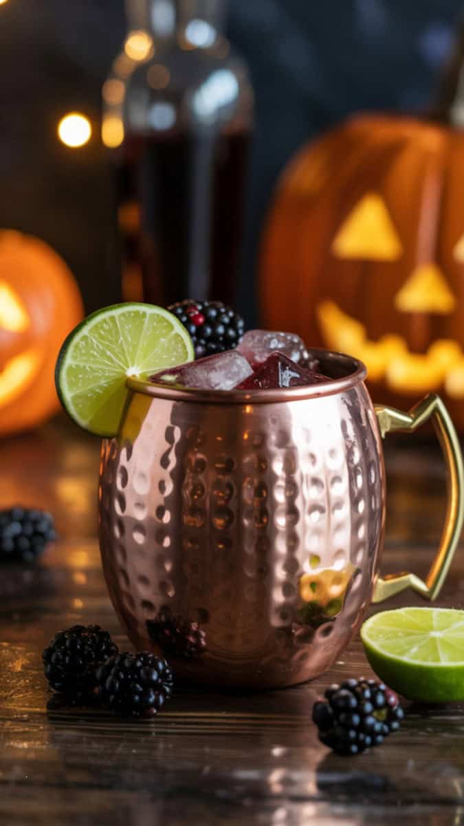 A copper mule mug filled with a dark black-purple cocktail, garnished with blackberries and lime. Styled on a haunted wooden bar with jack-o’-lantern lights in the background.